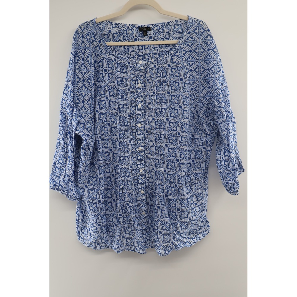 Talbots Woman Blue White Tile Print Pintuck Top 2X Plus Size Cotton